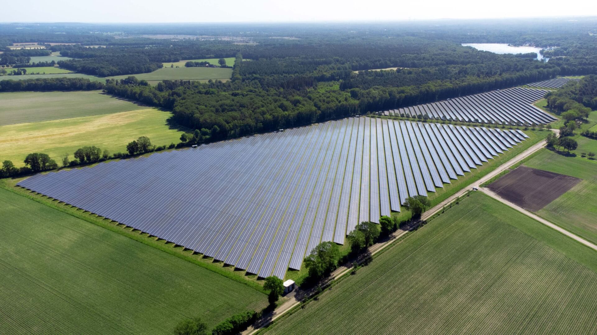 Drone shot of a large-scale solar farm near Losser in the Netherlands