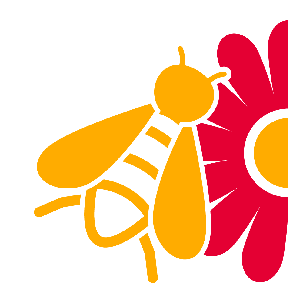 Icon in red and yellow that shows a bee and a flower