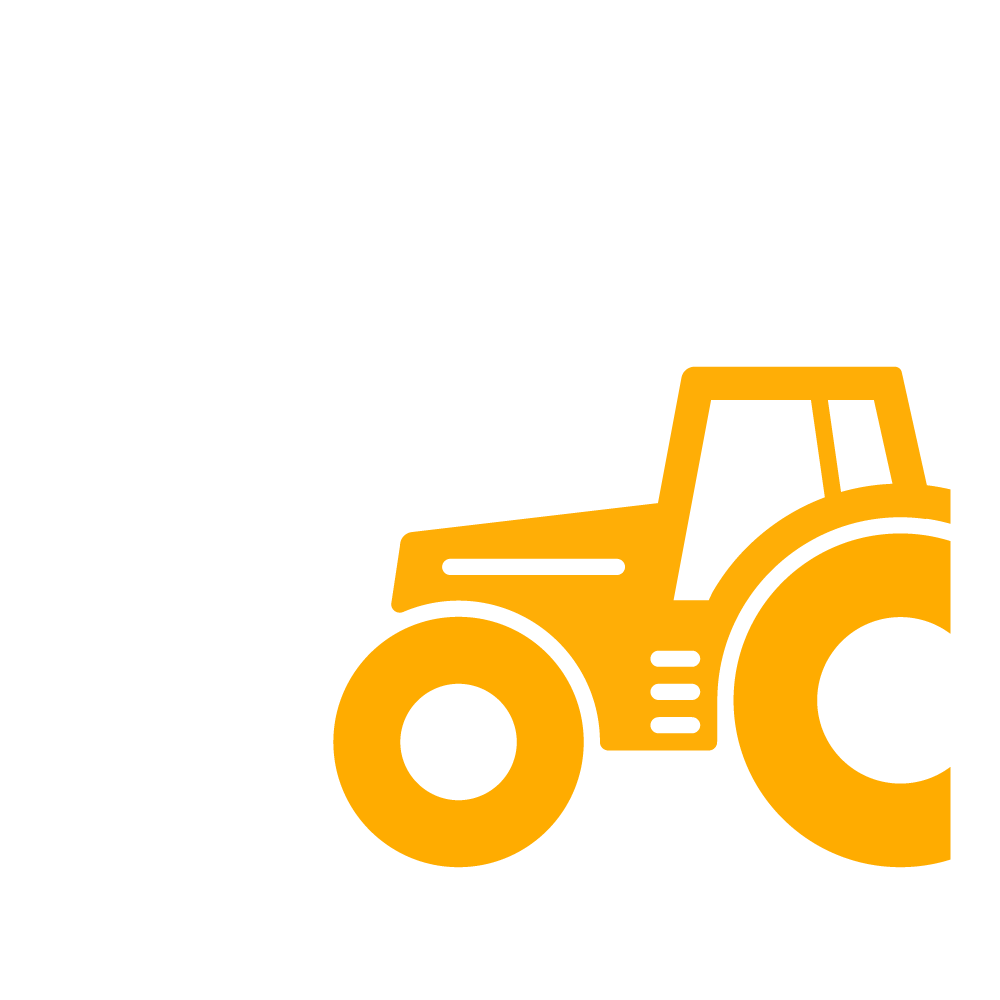 Icon in white and yellow that shows a tractor with a solar farm behind it