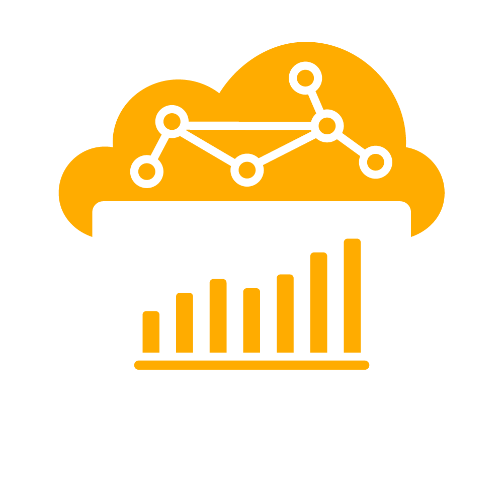 Weiß-gelbes Icon, das einen Computer zeigt. Darüber befindet sich eine Wolke, die die Cloud symbolisiert.