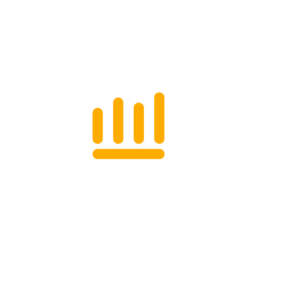 Icon in yellow and white that shows a magnifying glass with a rising graph in it