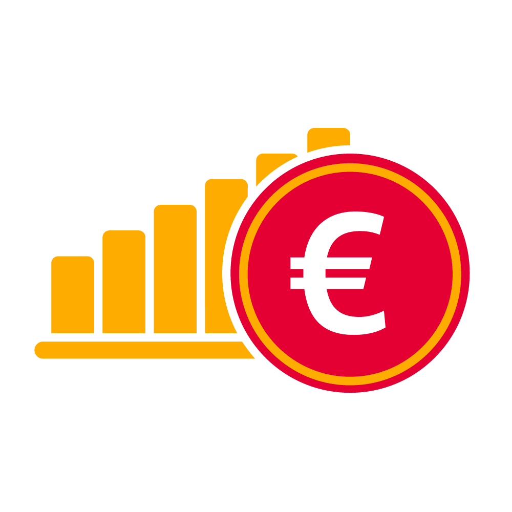 Icon in red and yellow that shows a rising graph and a Euro coin