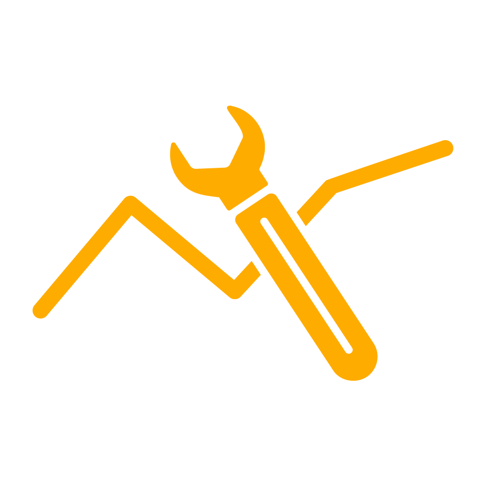 Icon in yellow and white that shows tools in front of a rising graph