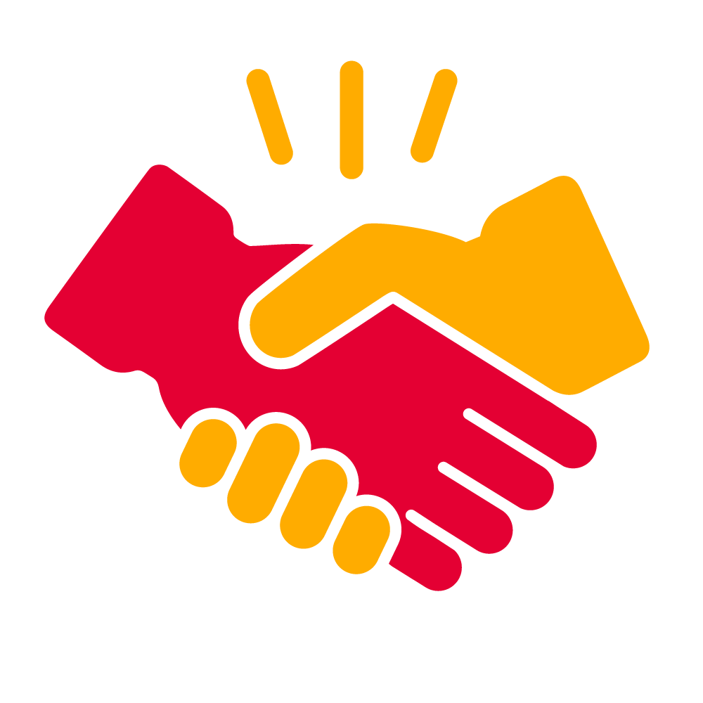 A red and yellow icon showing two hands that shake