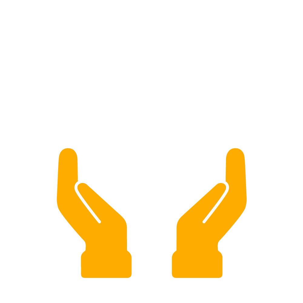 Icon in yellow and white that shows a globe held up by two hands