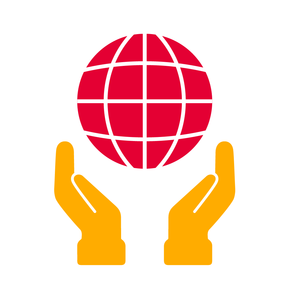 Icon in red and yellow that shows a globe held up by two hands