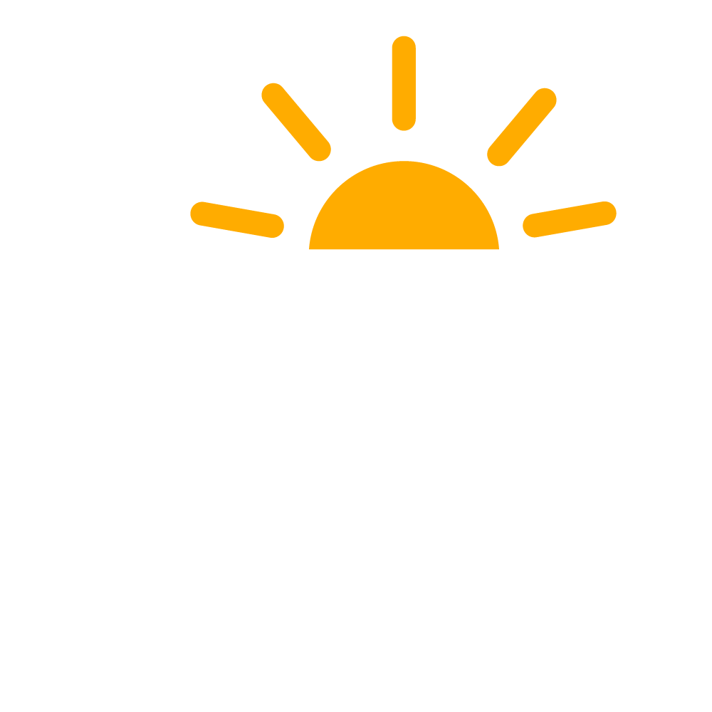 A white and yellow icon showing a solar farm with a sun rising behind it