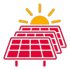 Icon in red and yellow that shows a solar farm with a sun rising behind it