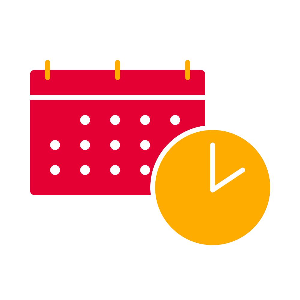 Icon in red and yellow that shows a calendar and a clock