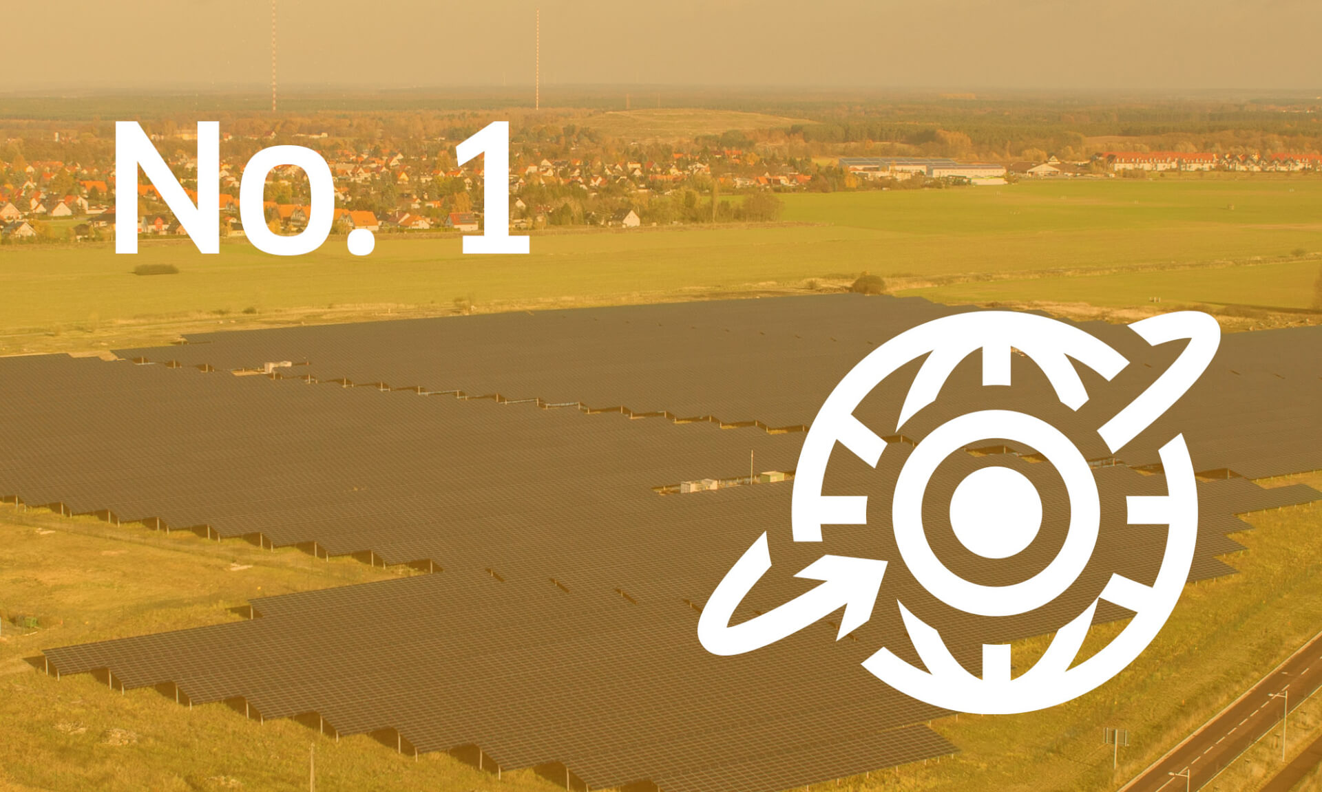 solar power plant seen from above with an icon of the world globe in front