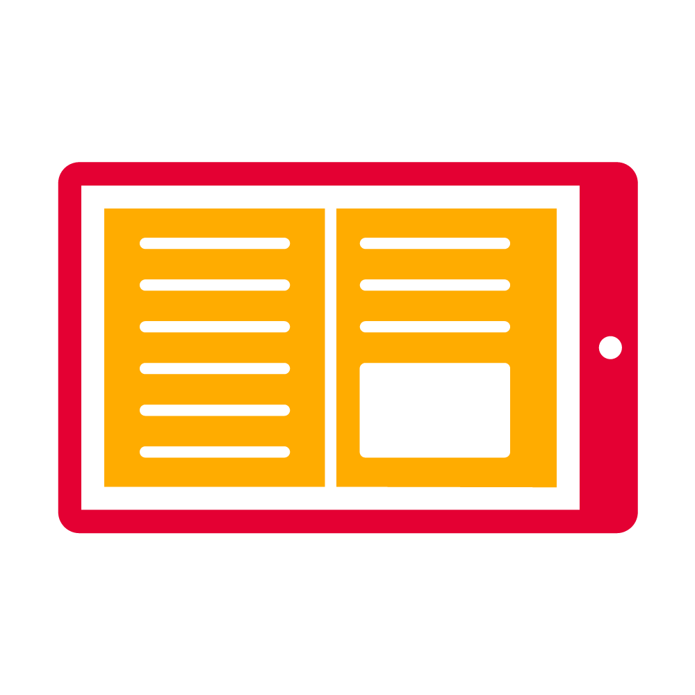 A red and yellow icon that shows a tablet and a book