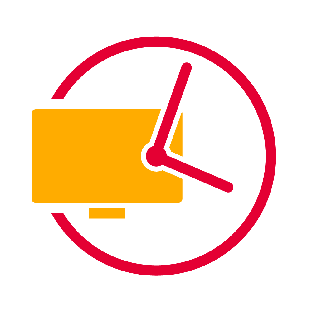 Red and yellow icon that shows a computer screen and a clock