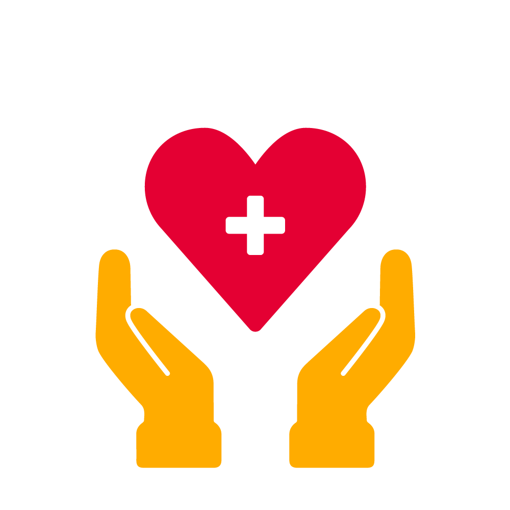 A red and yellow icon that shows two hands and a heart with a cross in the middle, symbolising health