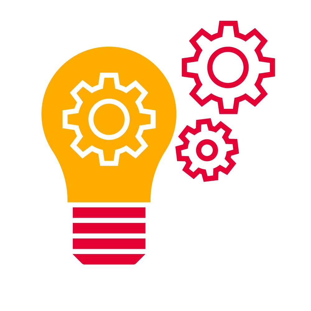 A red and yellow icon that shows a light bulb and gears, symbolising ideas