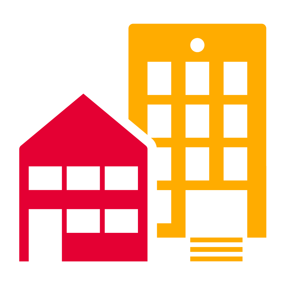 A red and yellow icon showing two buildings