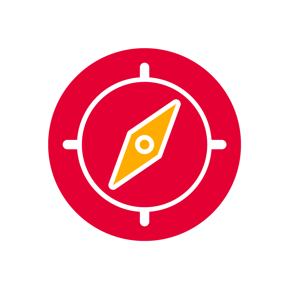 A red and yellow icon that shows a compass