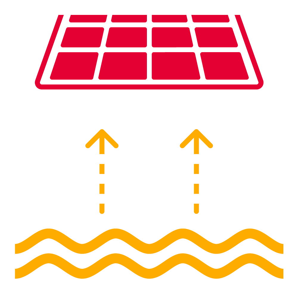 A red and yellow icon that shows water and a solar module above it. In between, there are two arrows symbolising the fact that floating photovoltaic plants lead to less water evaporation.