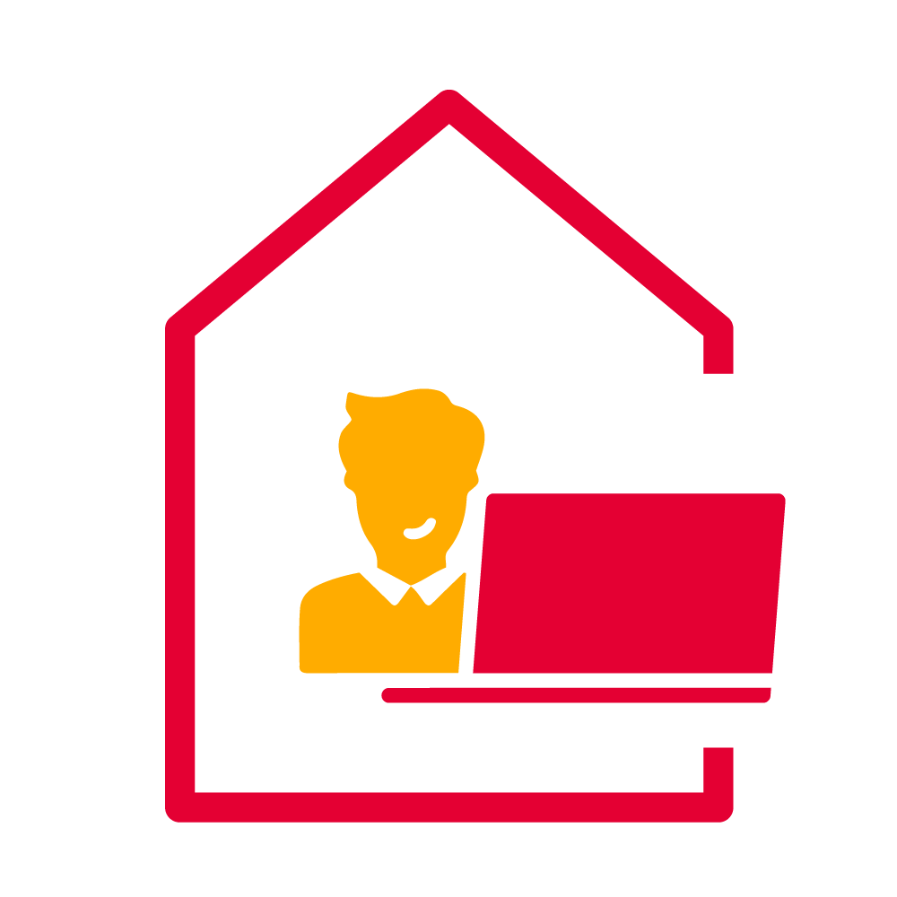 A red and yellow icon that shows a person and a laptop in a house outline