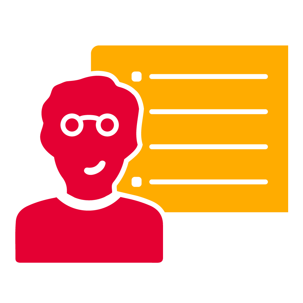 A red and yellow icon that shows a teacher in front of a blackboard