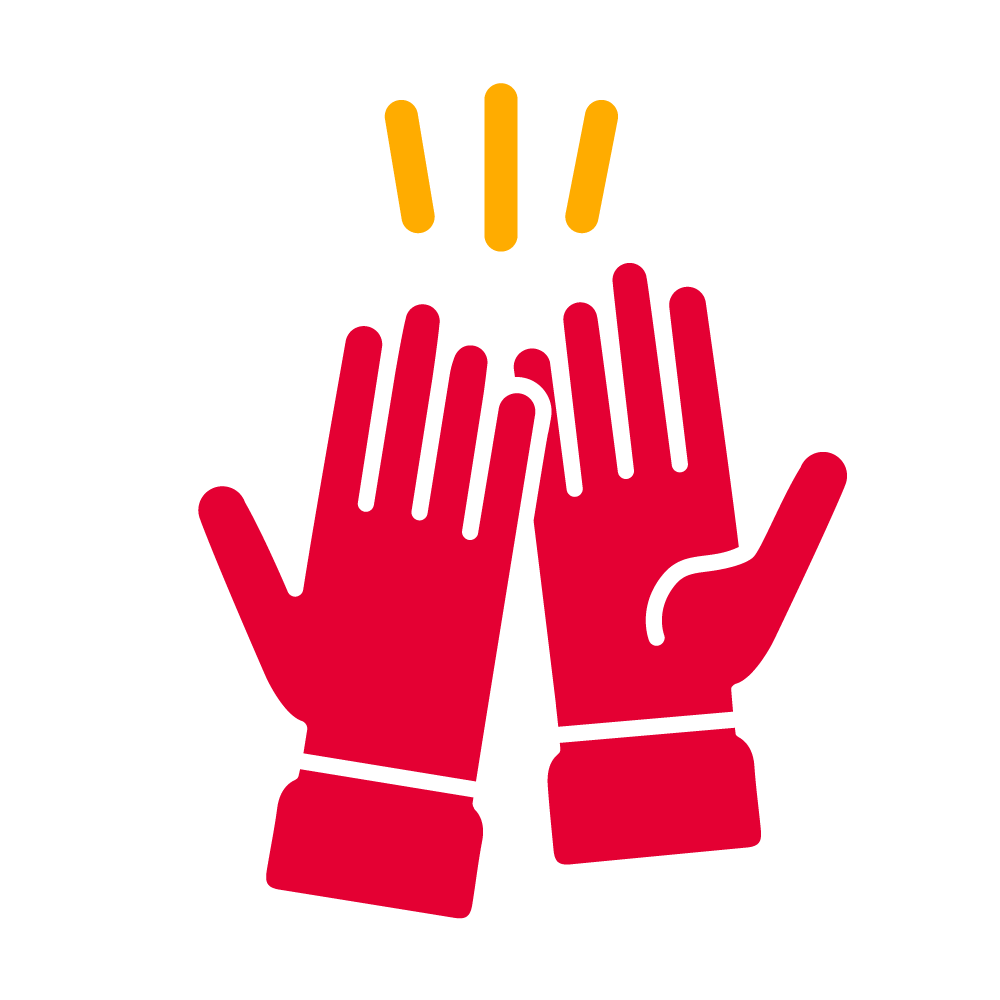 A red and yellow icon that shows two hands doing a high-five