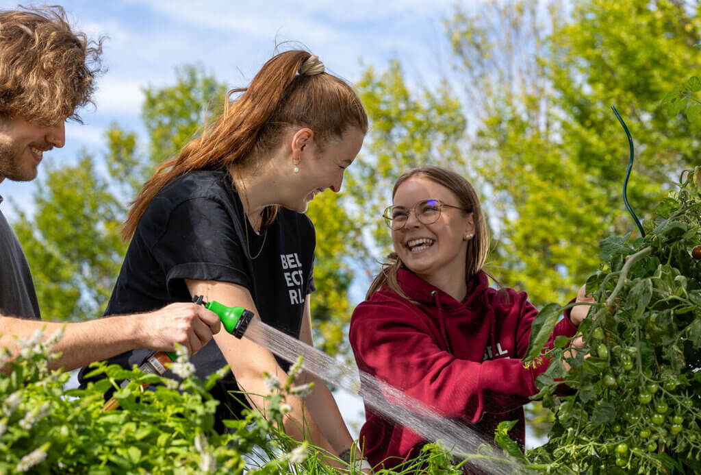 Three trainees work on raised beds, picking vegetables and watering the plants.