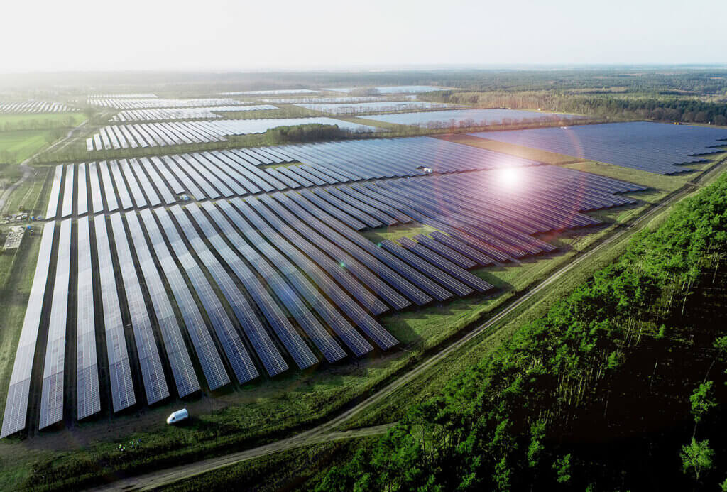 A ground-mounted large-scale photovoltaic plant in northern Germany photographed from above