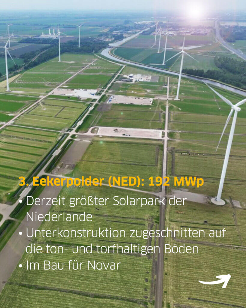 Die Baustelle des Solarparks Eekerpolder in den Niederlanden aus der Vogelperspektive. Zudem sind Fakten über das laufende Projekt zu sehen.