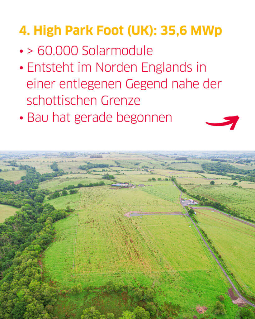Die Baustelle der Photovoltaikanlage High Park Foot aus der Vogelperspektive. Darüber sind Fakten über den entstehenden Solarpark aufgelistet.