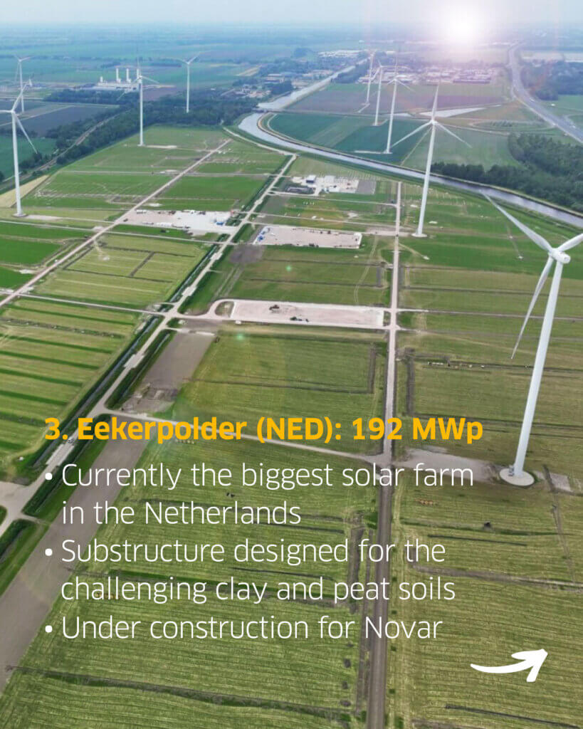 The construction site of Eekerpolder solar farm shown from above and a list of facts about the project