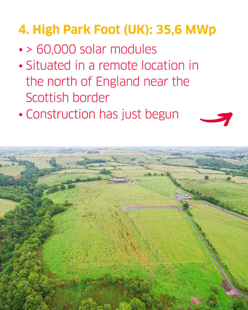 The construction site of High Park Foot solar farm shown from above and below that, a list of facts about the project