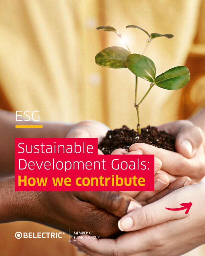 Several hands hold soil and a seedling, the text reads "ESG: Sustainable Development Goals: How we contribute"