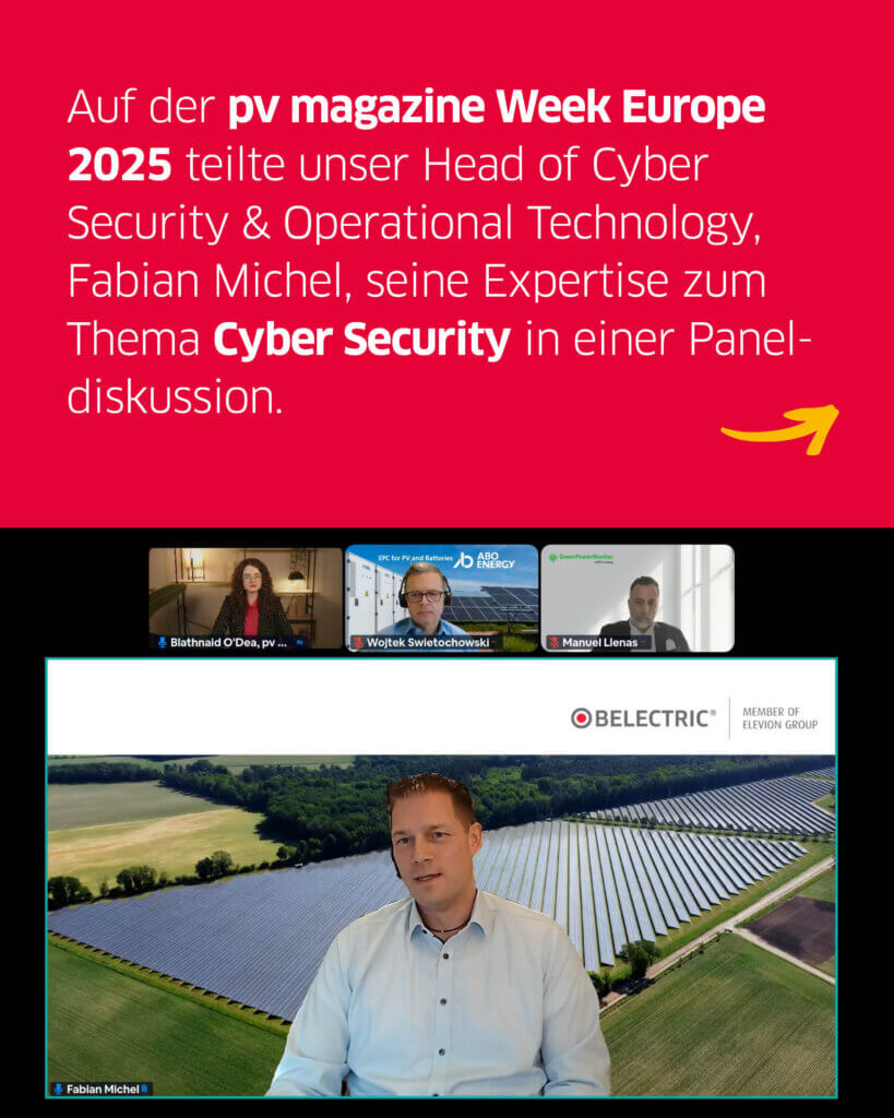 Ein digitaler Call ist abgebildet, darüber steht der Text "Auf der pv magazine Week Europe 2025 teilte unser Head of Cyber Security & Operational Technology, Fabian Michel, seine Expertise zum Thema Cyber Security in einer Paneldiskussion."