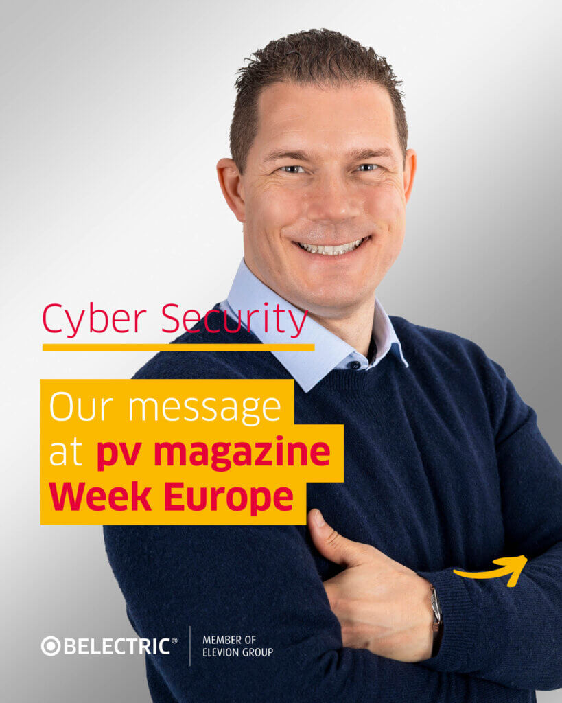A BELECTRIC employee is shown along with the text "Cyber Security: Our message at pv magazine week Europe"