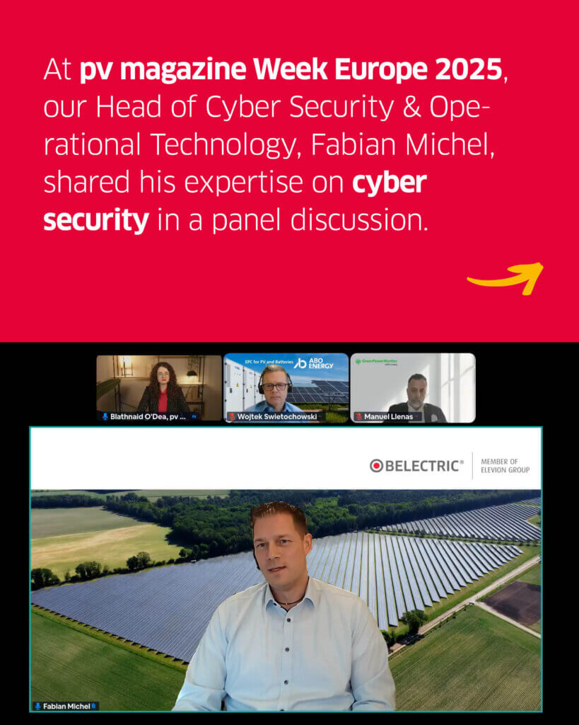 A virtual group call and the text: "At pv magazine Week Europe 2025, our Head of Cyber Security & Operational Technology, Fabian Michel, shared his expertise on cyber security in a panel discussion."