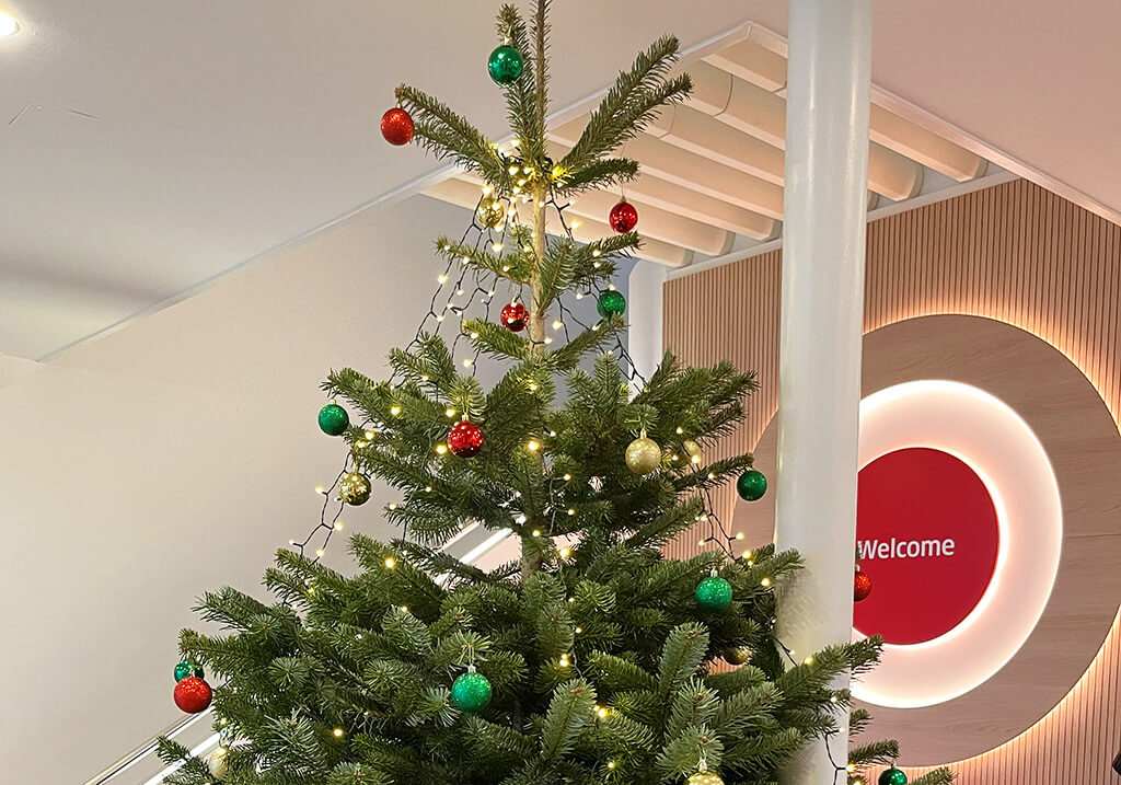 In the picture is seen a decorated christmas tree with green, gold and red christmas tree balls and a string of lights.