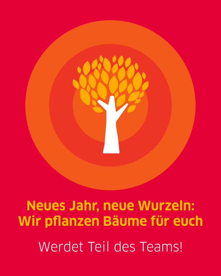 Ein gelb-weißes Baum-Icon ist auf einem roten Hintergrund zu sehen. Darunter steht "Neues Jahr, neue Wurzeln: Wir pflanzen Bäume für euch. Werdet Teil des Teams!"