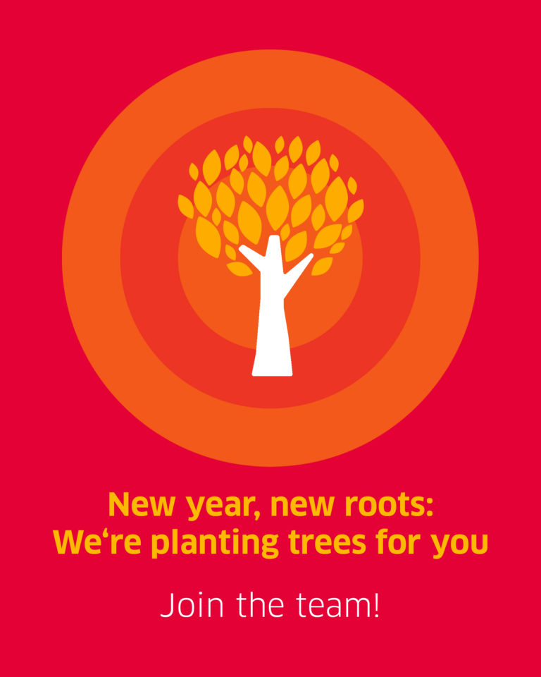 A yellow and white tree icon is shown on a red background. Below, it reads "New year, new roots: We're planting trees for you. Join the team!"
