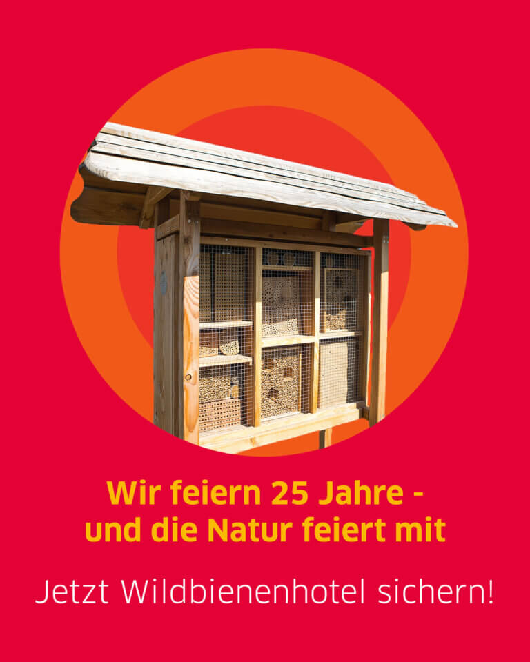 Ein Wildbienenhotel ist auf einem roten Hintergrund platziert, darunter steht der Text "Wir feiern 25 Jahre - und die Natur feiert mit. Jetzt Wildbienenhotel sichern!"