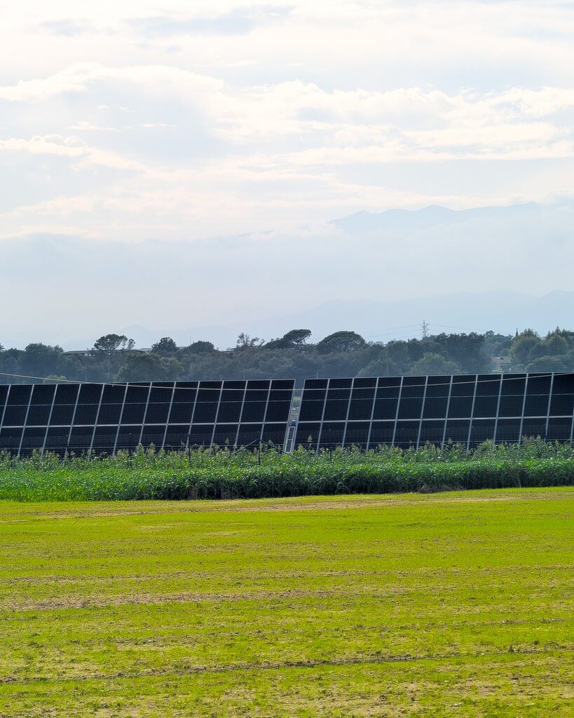 Agricultural field and photovoltaic panels at the Cassà 3 agrivoltaic solar plant in Cassà de la Selva, Girona, Spain.