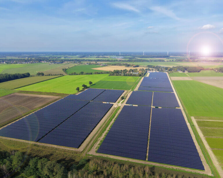 An aerial view shot of the Dutch solar farm Hilvarenbeek II constructed by BELECTRIC